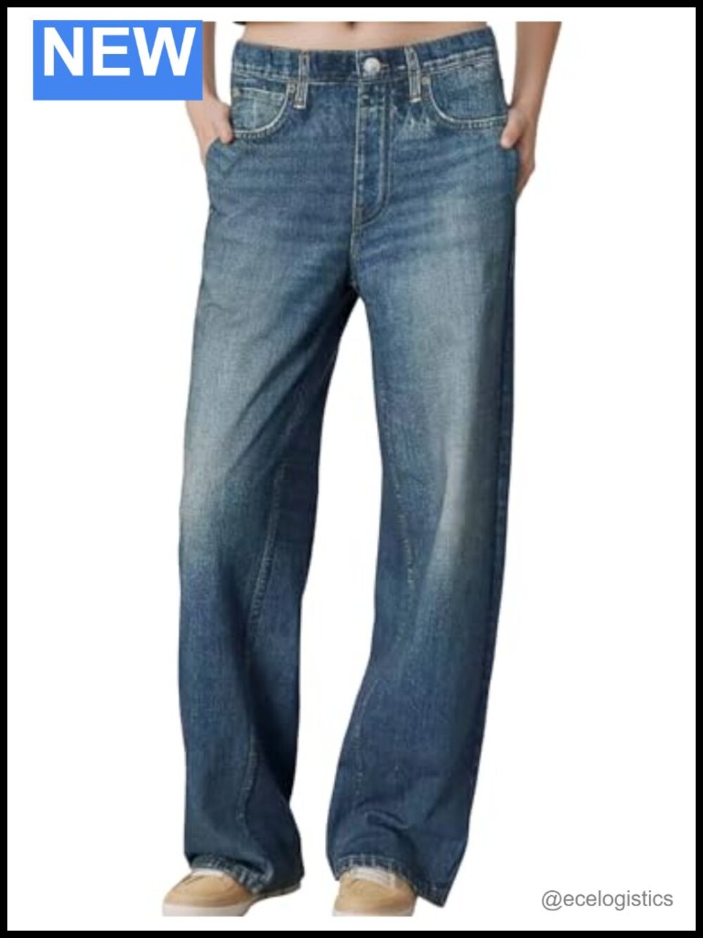 Wide Leg Denim Look Cotton Terry Pull-On Sweatpants with Elastic Waistband